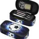 Soccer Ball Pencil Box Sports Pencil Case for Boys Men, Large Capacity Durable Blue Black Pencil Pouch Storage Pen Bag Stationary Case with Double Zippers