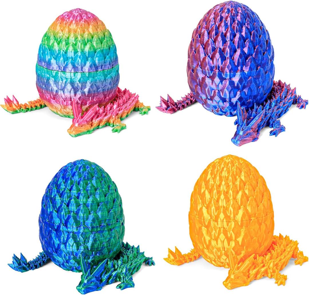 Easter Basket Stuffers 3D Printed Dragon Egg Toy (4 Pack) - Surprise Mystery Inside, Articulated Crystal Dragon, Fidget Sensory Toy for Kids Birthday Surprise Easter Egg Hunt Party Favors