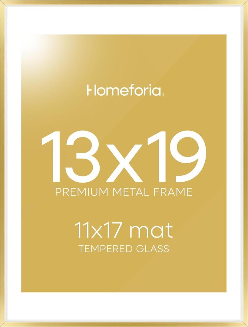 Homeforia 13x19 Picture Frame Gold, High End Metal 13x19 Poster Frames with Mat 11x17 Photo, 13 x 19 Gold Frames Matted to 11 by 17 Print, 19x13 Thin Hanging Frames, Tempered Glass, Wall Kit, Set of 1 Homeforia 13x19 Picture Frame Gold, High End Metal 13x19 Poster Frames with Mat 11x17 Photo, 13 x 19 Gold Frames Matted to 11 by 17 Print, 19x13 Thin Hanging Frames, Tempered Glass, Wall Kit, Set of 1