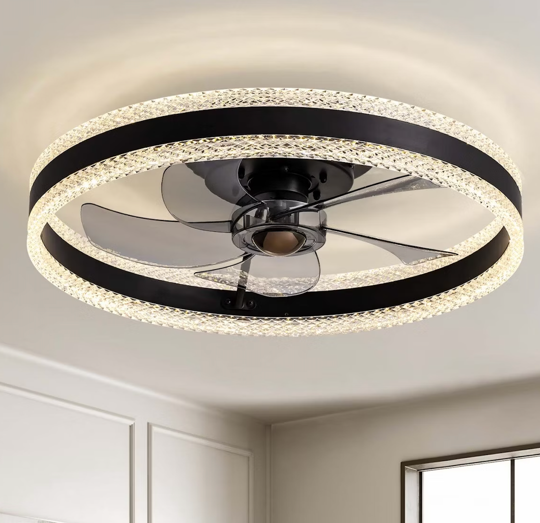 Caged Ceiling Fan Light with Remote, 21" Small Flush Ceiling Light with 3 Enclosed Blades and 6 Wind Speeds for Bedroom, Living Room (1095 Black)