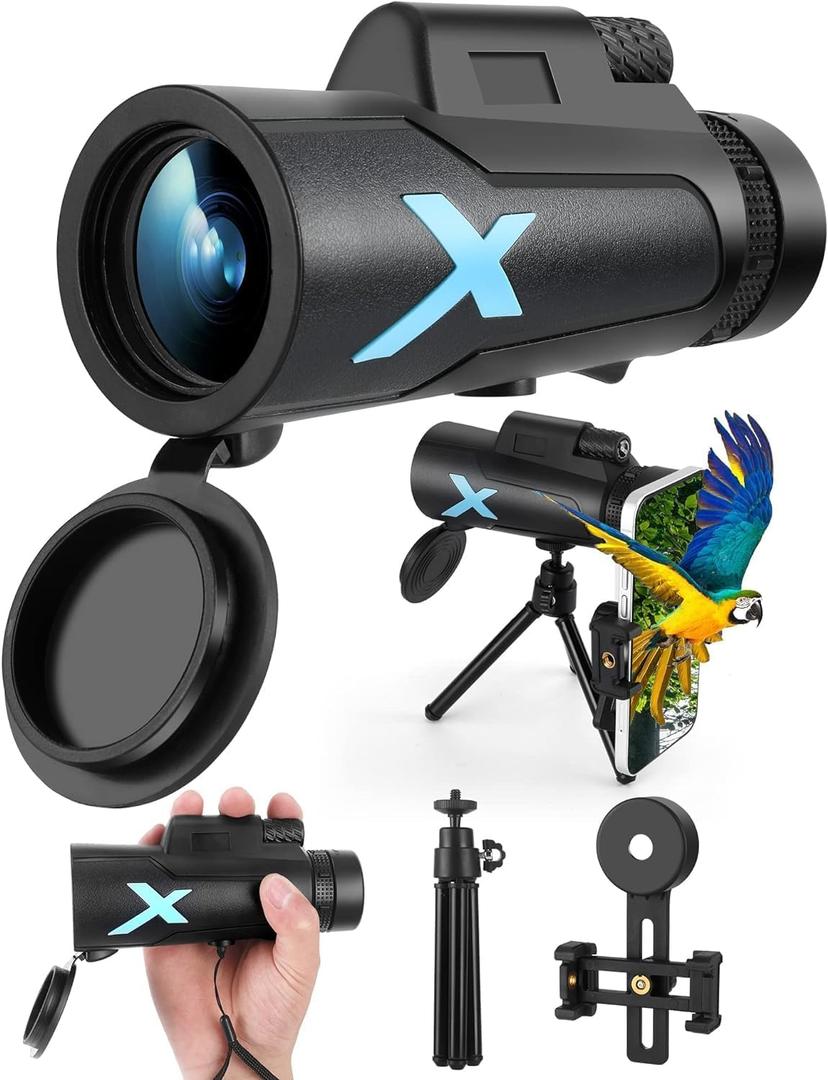 12x50 High Power HD Monocular Telescope with Phone Adapter & Tripod, Waterproof Compact Monocular for Bird Watching, Hiking, Camping - Clear Low Light Vision (1PCS-Black)