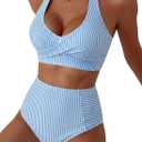 Herseas Women's High Waisted 2 Piece Bikini Sets Halter Patch Pocket Swimsuits Striped Bathing Suit Beach Swimwear 2026 (Medium)