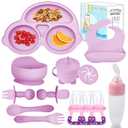 Silicone Baby Feeding Set,Miicasa Baby Led Weaning Supplies Kit With Suction Bowl & Car Plate, Bib, Spoon, Fork, Cup - Food-Grade Silicone, Dishwasher-Safe, No BPAs - For 3+ Months (Purple)