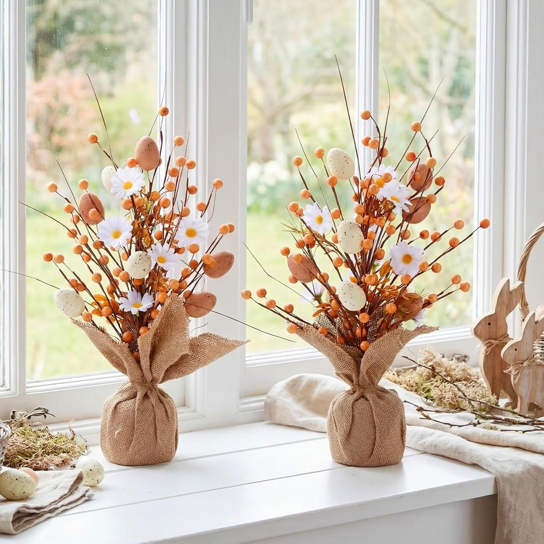 2 Pcs Neutral Easter Decorations 17 Inch Easter Table Centerpieces Decor Egg Tree Tabletop Decor Artificial Tree for Spring Party Home Decoration(Neutral Daisy)