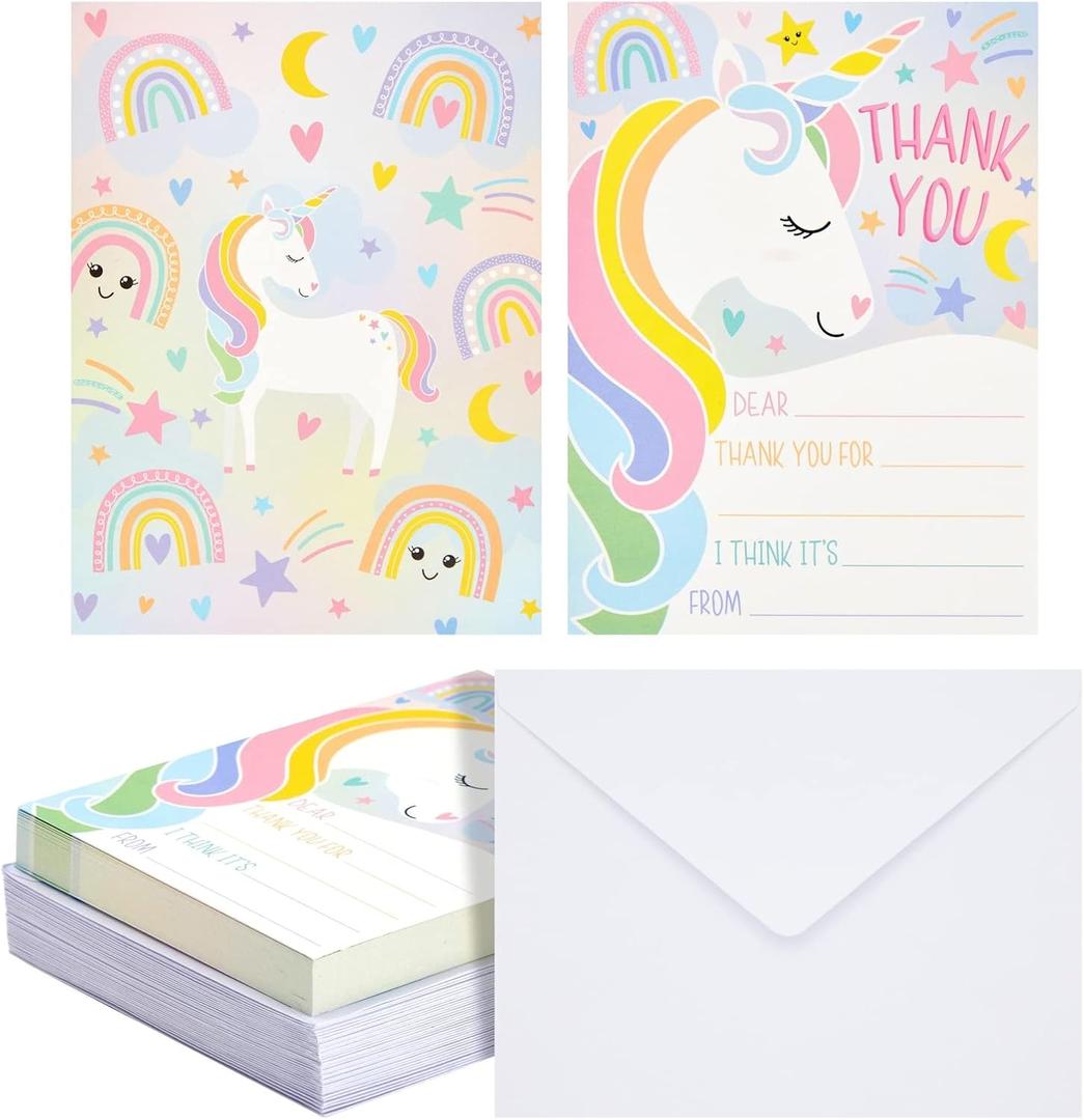 36 Pack Unicorn Fill In the Blank Thank You Cards with Envelopes, Kids Greeting Cards (5.5 x 4.2 In)