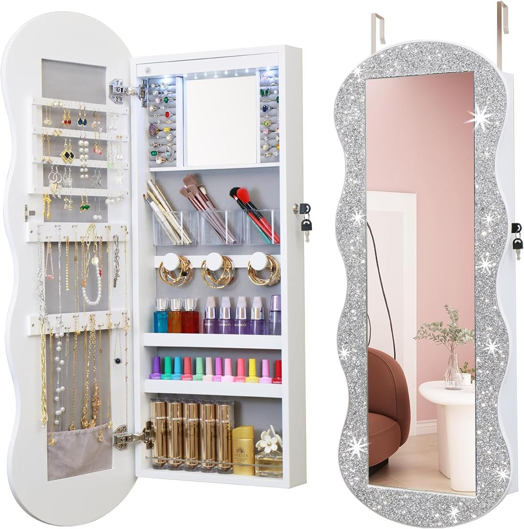 Jewelry Armoire Organizer, LED Jewelry Cabinet Wall/Door Mounted, Lockable Wavy Mirror with Storage, Crushed Diamonds Mirror Full Length,Door or Wall Mounted Mirror with Jewelry Storage (42.5*17.3, Crystal)