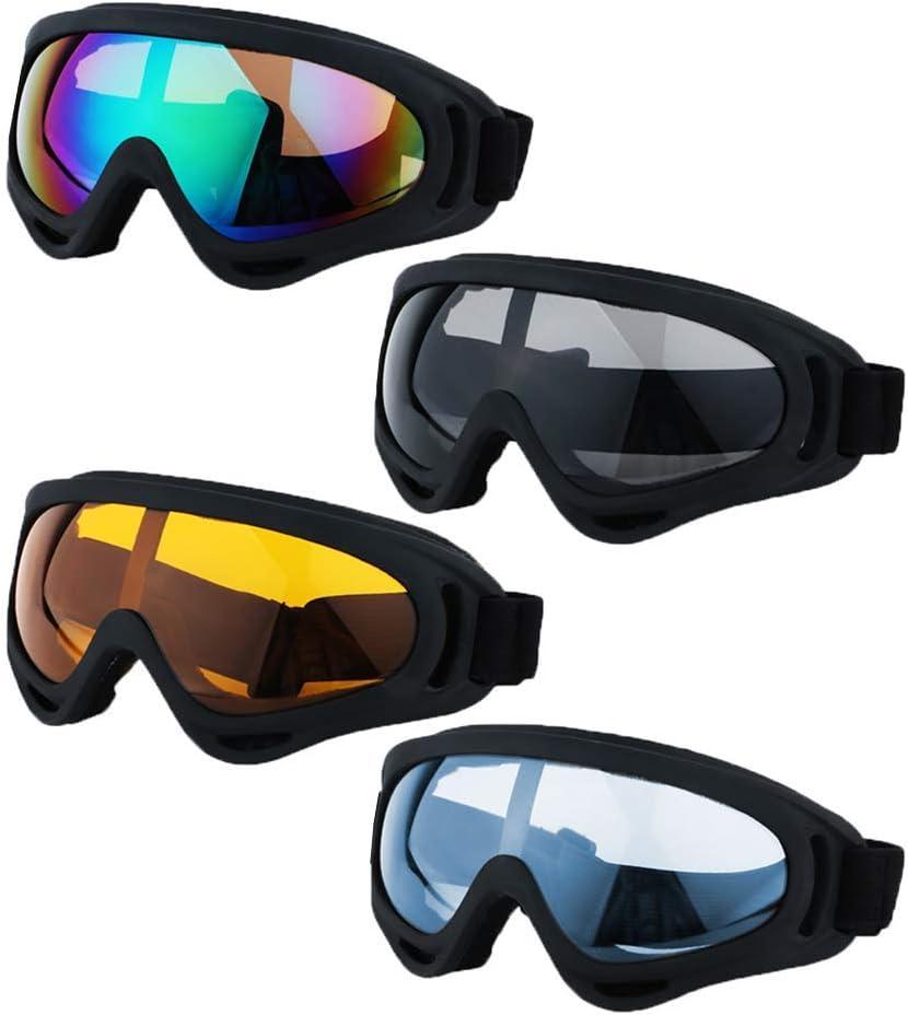 Ski Goggles, Pack of 4 - Snowboard Motorcycle Goggles Tactical Combat Military Glasses (Colorful+gray+orange+blue Lens/Black Frame)