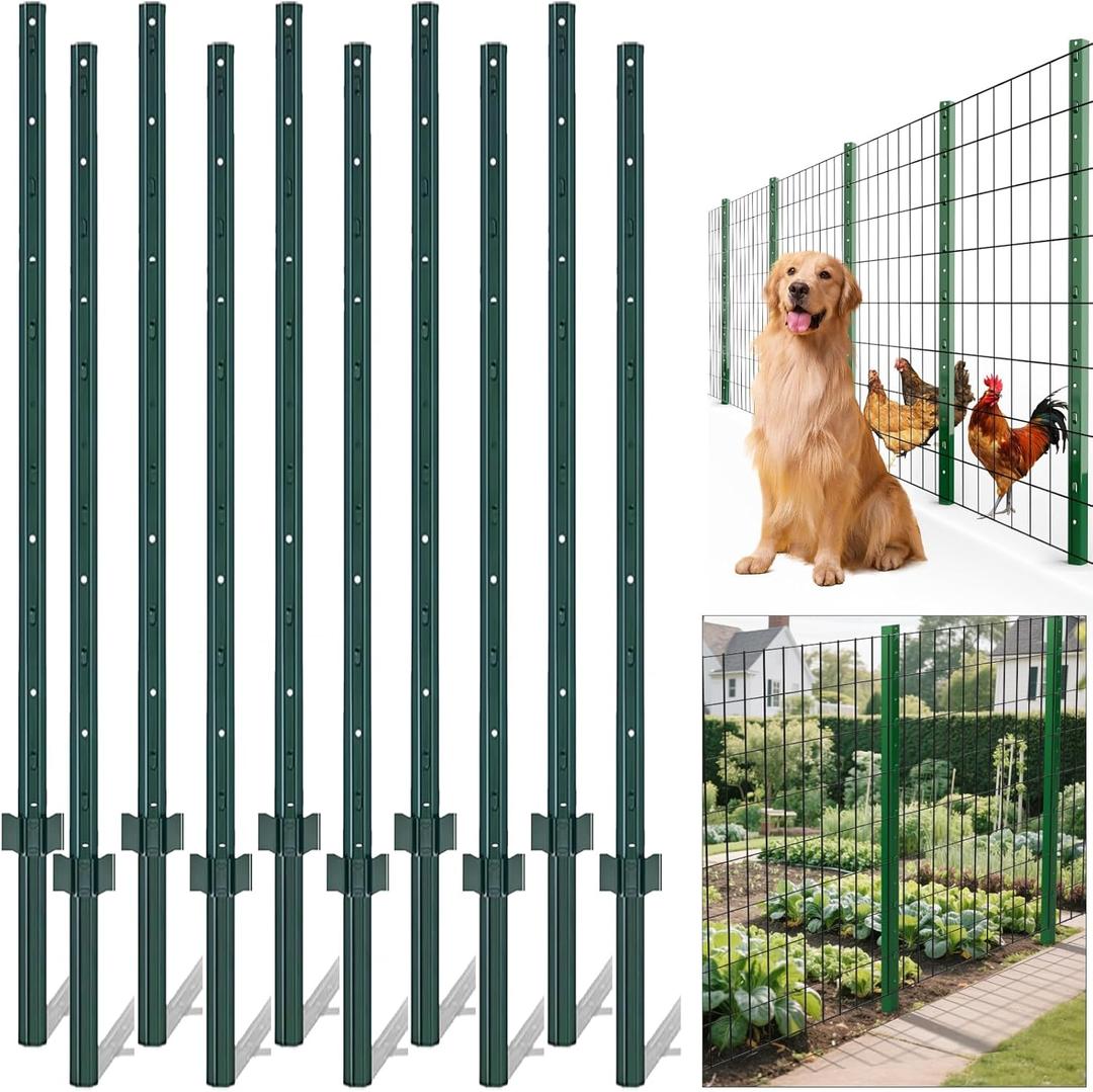 AMAGABELI GARDEN & HOME Metal Fence Posts 4 Feet 10 Pack Heavy Duty No Dig Garden U Post Stakes for Wire Fence Temporary Fencing Safety Fence Plastic Mesh Fence Garden Fencing T Post for Yard Green