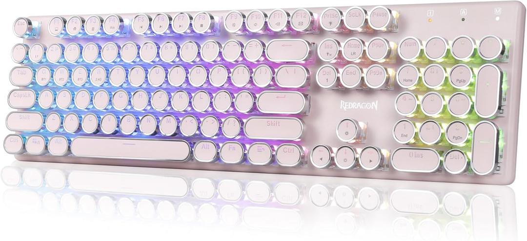 Redragon K710 Wireless Typewriter Mechanical Gaming Keyboard, Bluetooth/2.4Ghz/Wired, RGB Led Backlit, Blue Switch - Clicky, Rechargeable, Solid Metal Panel, Round Keycaps, Pink