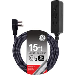 GE 3-Outlet Power Strip Surge Protector 15 Ft Braided Long Cord Extension Cord Surge Protector Power Strip Flat Plug Extension Cord 250 Joules ETL Listed Black 44237