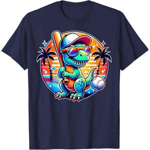 Funny T-rex Dinosaur Baseball Player Kids Boys Toddlers T-Shirt, S