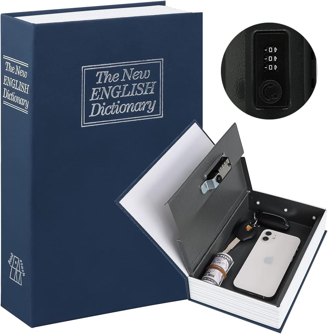KYODOLED Diversion Book Safe with Combination Lock, Safe Secret Hidden Metal Lock Box,Money Hiding Box,Collection Box,9.5" x 6.2" x 2 .2" Navy Large