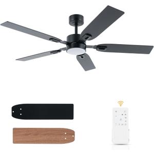 52" Ceiling Fan with Light for Bedroom - 6 Speeds & Reversible Function - 3 Color Temperature & Dimmable Brightness - Quiet Operation - Suitable for Living Room & Patios - Black