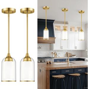 2 x LIROUVET 2 Pack Pendant Lights, Vintage Dual Glass Hanging Lamp, Brushed Gold Pendant Lights Kitchen Island with Clear and Milk Glass, Pendant Lighting for Dining Room PL02BR-2PK