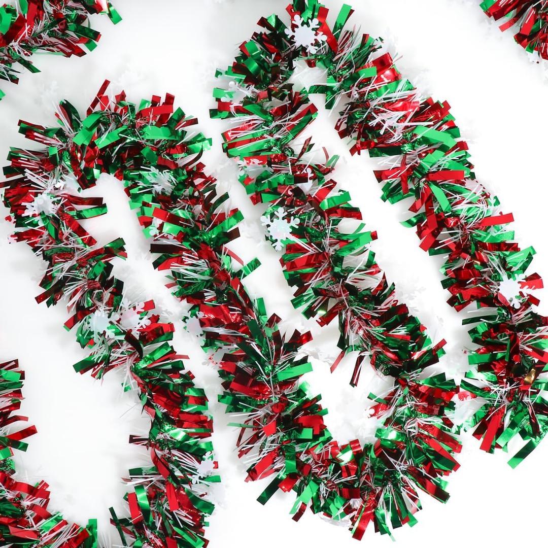 50 Feet Green Red Christmas Metallic Tinsel Twist Hanging Garland with Snowflake for Home Mantle Xmas Tree Staircase Railing New Year Holiday Party Indoor Outdoor Decorations2 Pcs