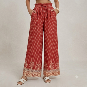 GRACE KARIN Wide Leg Pants Women 2026 Trendy High Elastic Waisted Flowy Pants Trousers with Pockets Casual Cruise Vacation Clothing Red Bohemian M