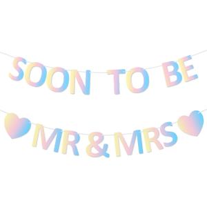 Mr & Mrs Banner Pre-strung Soon To Be Mr and Mrs Sign Glitter Engagement Banner for Bridal Shower Wedding Engagement Bachelorette Party Decorations(Irediscent)