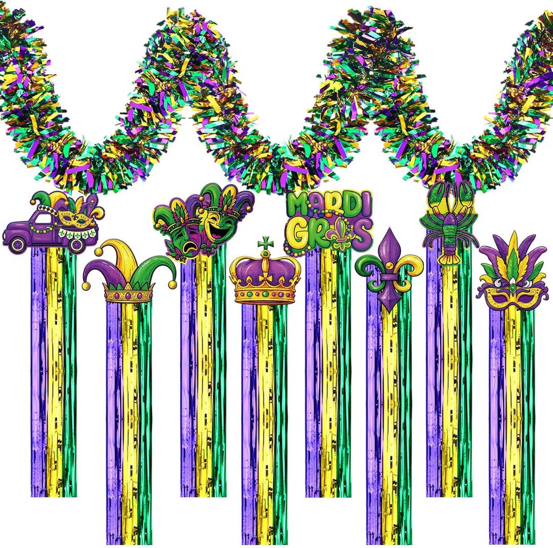 Gemscream 10 Pack Mardi Gras Decorations Set Mardi Gras Party Supplies Includes 8 Pcs Tassel Hanging Swirls and 2 Pcs 6.6ft Garland Hanging Outdoor Decor for Carnival Festival Home Garden Yard Decor