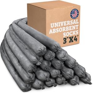 Universal Absorbent Socks - 3"x4' (20 Pack) 1 Gallon per Sock - Oil Spill Flood Barriers for Home Exterior, Water Socks & Oil Cleanup Absorbers, Garage Flood Barrier