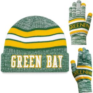 Vintage Classic Skull Cap 3D Embroidery Beanie Cuffed Winter Hat Knit Comes with Warm Gloves Fasion Gifts for Men Women Fans (Green Bay P)