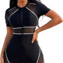 SISKIN Swim Suits for Women 2026, One Piece Tummy Control Short Sleeve Mesh Zipper Athletic Colorblock Modest Bathing Suit (Black, M)