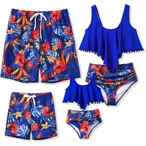 PATPAT Family Matching Swimsuits Two Piece Hawaiian Tropical Beach Bikini and Swim Trunks Set Mommy and Me Bathing Suits (2T, Blue Gem)
