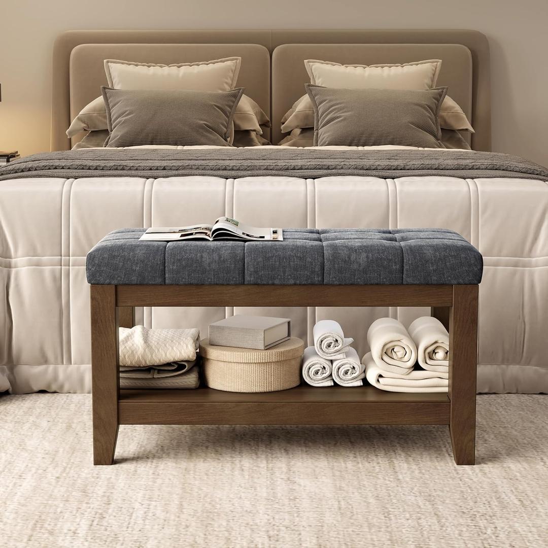 Solid Rubber Wood Shoe Bench, Soft Chenille Material Upholstered Seat, 770LB Load Capacity, Multi-Storage for Entryway/Bedroom/Living Room, Vintage Style, 31.5"x15.7"x17.7", Dark Gray, UASND66G