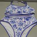 Herseas Women's Bikini Sets Floral Print Whip Stitch 2 Piece Swimsuits High Waisted Scoop Bathing Suits (Blue, L)