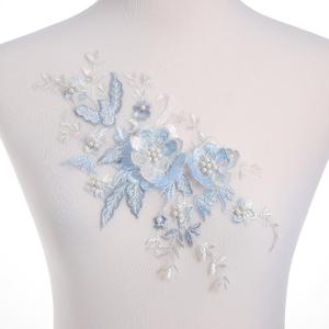 Flower Beaded Lace Applique - 3D Embroidery Fabric Pearl Embroidered Patch Handmade Sewing Tool for Wedding Bridal Dresses DIY Neckline Bodice Pants (Blue)