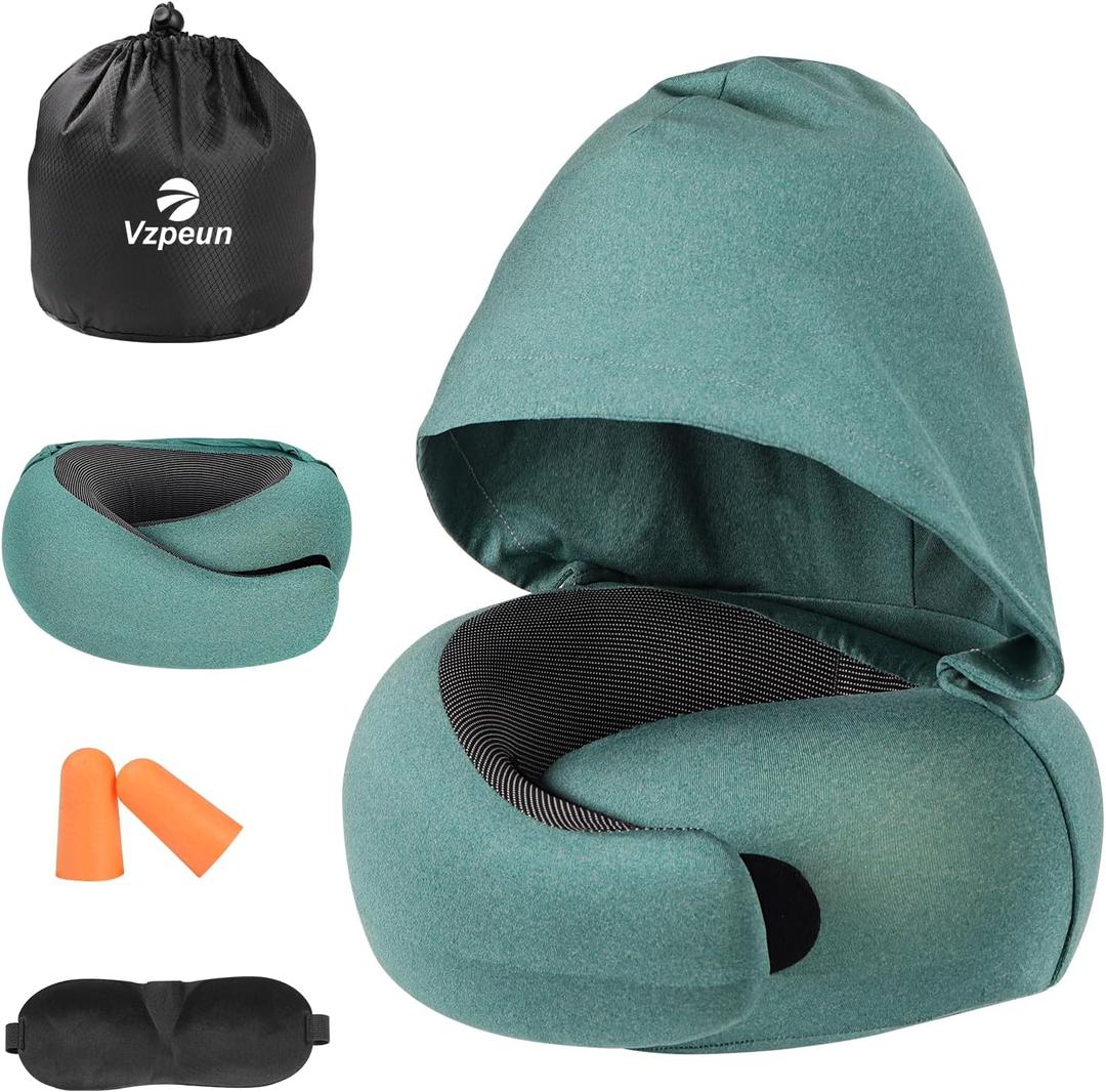 Vzpeun Travel Pillow - Hooded Neck Pillow Airplane Memory Foam Filling for Plane, Office, Cars Sleeping, Road Trip, Long Flights, Portable Plane Accessories, Includes Eye Mask & Earplugs (Green)