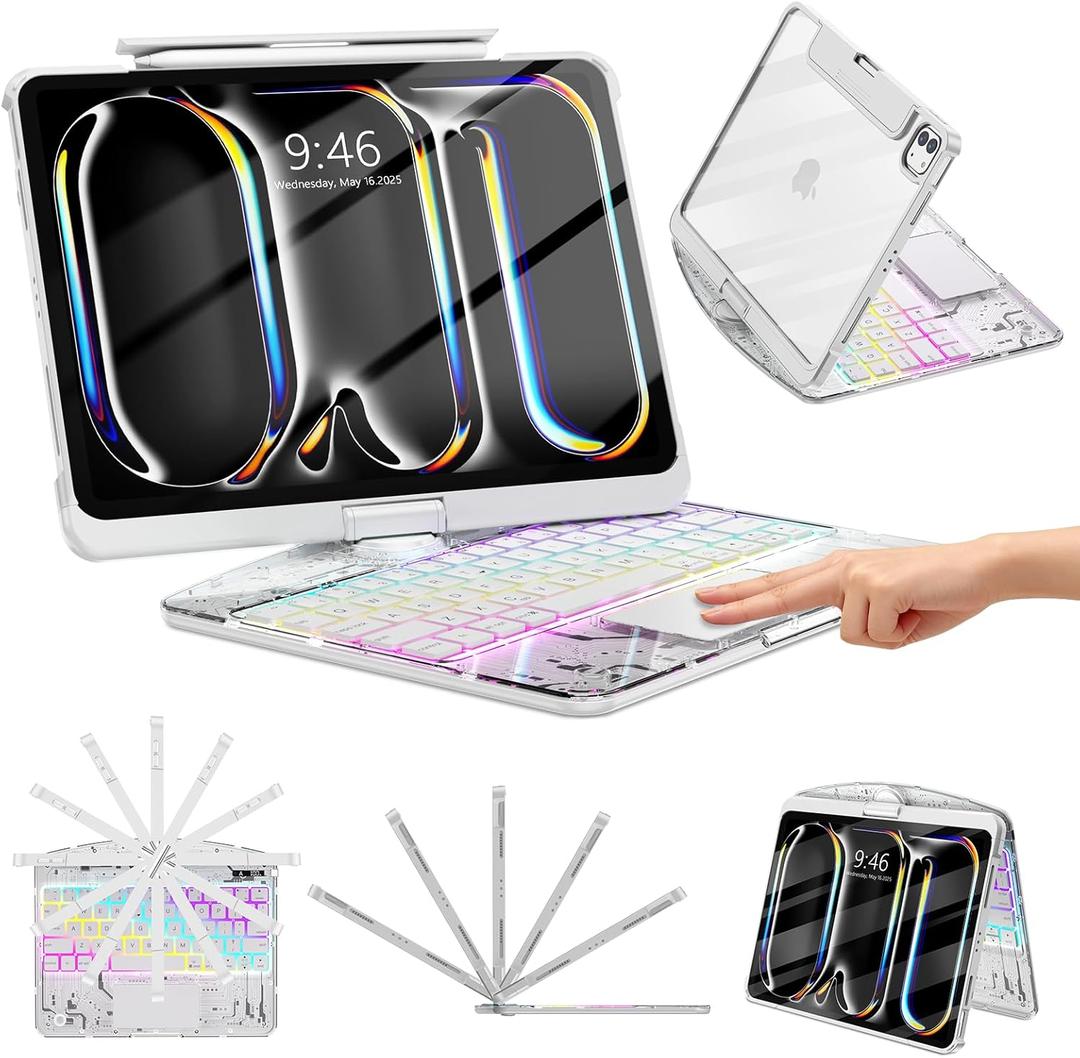 TSQQST Clear Wireless Keyboard Case for iPad Pro 11 Inch (M5/M4) 2025/2024 with Pencil Holder & Multi-Touch Trackpad, Visible PCB, 3-Brightness & 7-Color Backlight, 360 Rotating Stand, White