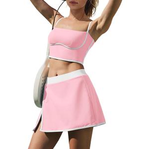 LAMISSCHE Womens Spaghetti Strap Tennis Skirt Sets with Built in Bra Shorts (Pink)
