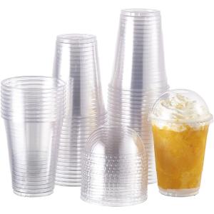 [100 Sets-16 oz.] Plastic Cups With Dome Straw Slot Lids PET Crystal Clear Disposable Togo Cup BPA Free For Party Ice Cold Drinks Coffee Tea Parfait Dessert Smoothie Bubble Boba Fruit Milkshake Slush