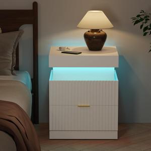 Wooden Nightstand with Charging Station & LED Lights, Modern Fluted Bedside Table with Sliding Top & Drawers for Bedroom & Living Room, White, 17.7 inches x 15.7 inches x 22 inches