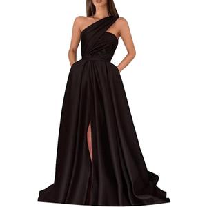 Satin One Shoulder Prom Dresses for Women 2025 Lace Appliques Formal Evening Dresses with Pockets (Black)