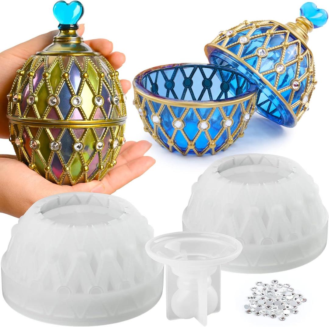 Actvty Jar Resin Mold, Jar Silicone Molds with Lid, Large Resin Jar Mold with 100 Pieces Rhinestones for DIY Trinket Storage, Jewelry Container, Candle Jars, Craft Gifts