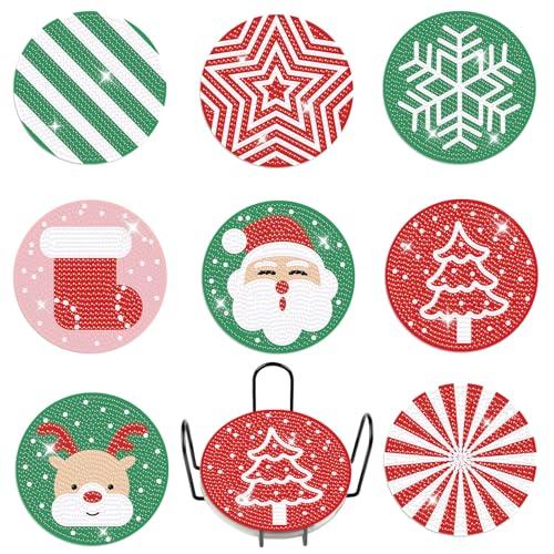 Bouiexye Diamond Coasters Art Painting Kit, 8pcs Diamond Christmas Art Coasters with Holder DIY Crafts Art Supplies for Adults Kids Beginners Beach House Decor（Christmas）