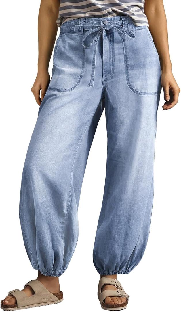 Sidefeel Women's Wide Leg Jeans High Waisted Drawstring Baggy Stretchy Trendy Harem Loose Ankle Denim Pants (Blue, 6)