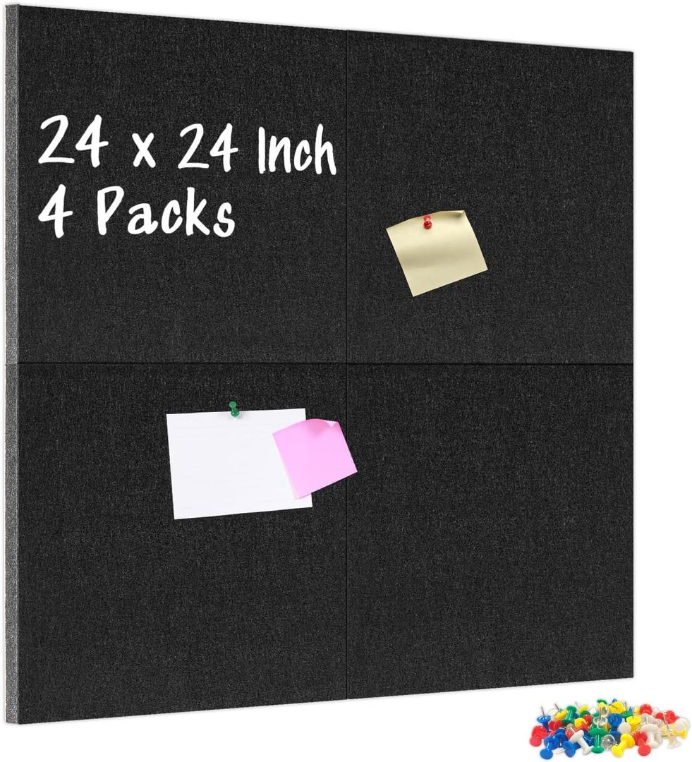 DOLLAR BOSS Felt Cork Board Tiles, 4 Packs 12" x 12" 1/2" Thick Cork Bulletin Board Self Adhesive Acoustic Panels Soundproof Corkboards for Walls with 40 Pushpins for Home Office Kitchen School, Black