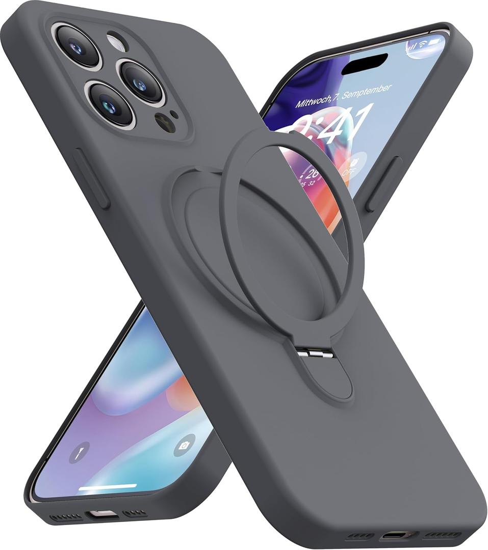 Magnetic Stand for iPhone 15 Pro, Liquid Silicone, [Compatible with MagSafe][Built-in Kickstand&Ring Holder] Anti-Scratch Soft Microfiber Lining, Gray