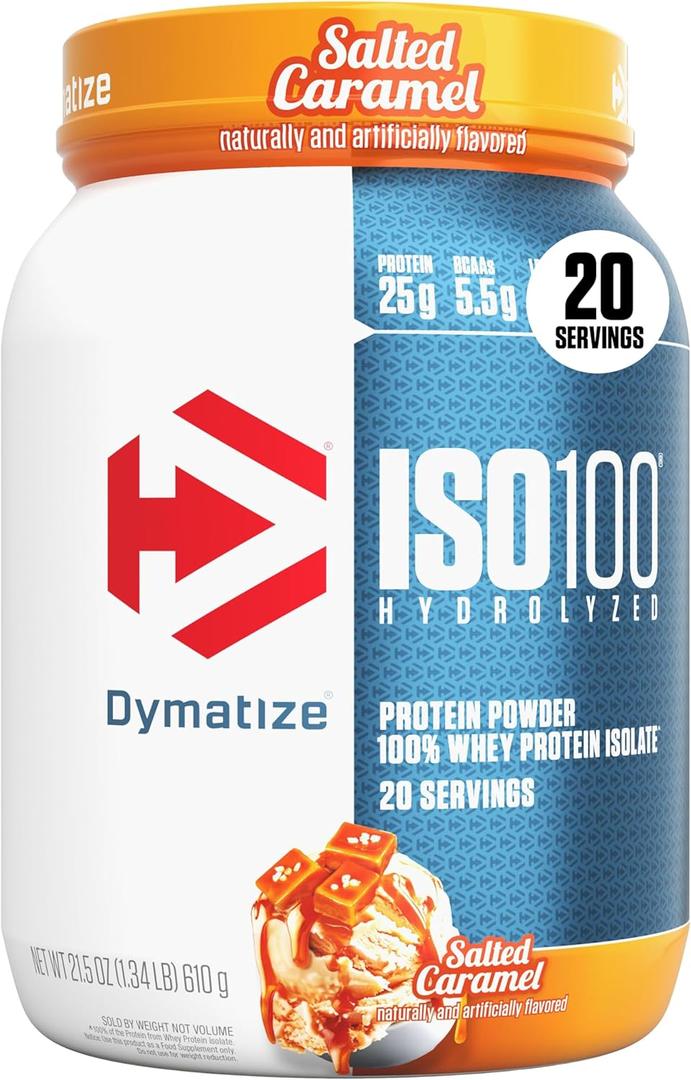 Dymatize ISO100 Whey Protein Powder Isolate, Salted Caramel, 25g of Protein, 5.5g BCAAs, Less Than 120 Cal., Gluten Free, 1g Fat, 1g Sugar, 2g Carb (20 Servings) (1.34 Pound (Pack of 1)), BBD 12/27