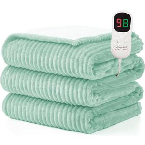 Homemate Heated Blanket Electric Throw - 50"x60" Heating Blanket Throw 1/2/4/6/8 Hours Auto-Off 10 Heat Levels Over-Heat Protection Soft Flannel Sherpa ETL Certification (14 - Lichen (Striped))