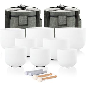 CVNC 432HZ 7-14 Inch Set Of 8 PCS Frosted Chakra Quartz Crystal Singing Bowls for Sound Healing with 2 PCS Travel Carry Case Bag (white)