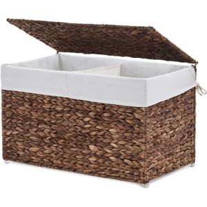 Storage Basket with Lid, Woven Wicker Shelf Basket with Removable Liner, Metal Frame Rattan Storage Trunk with Handle for Laundry, Bedroom, Living Room, Office(Espresso, 95L)