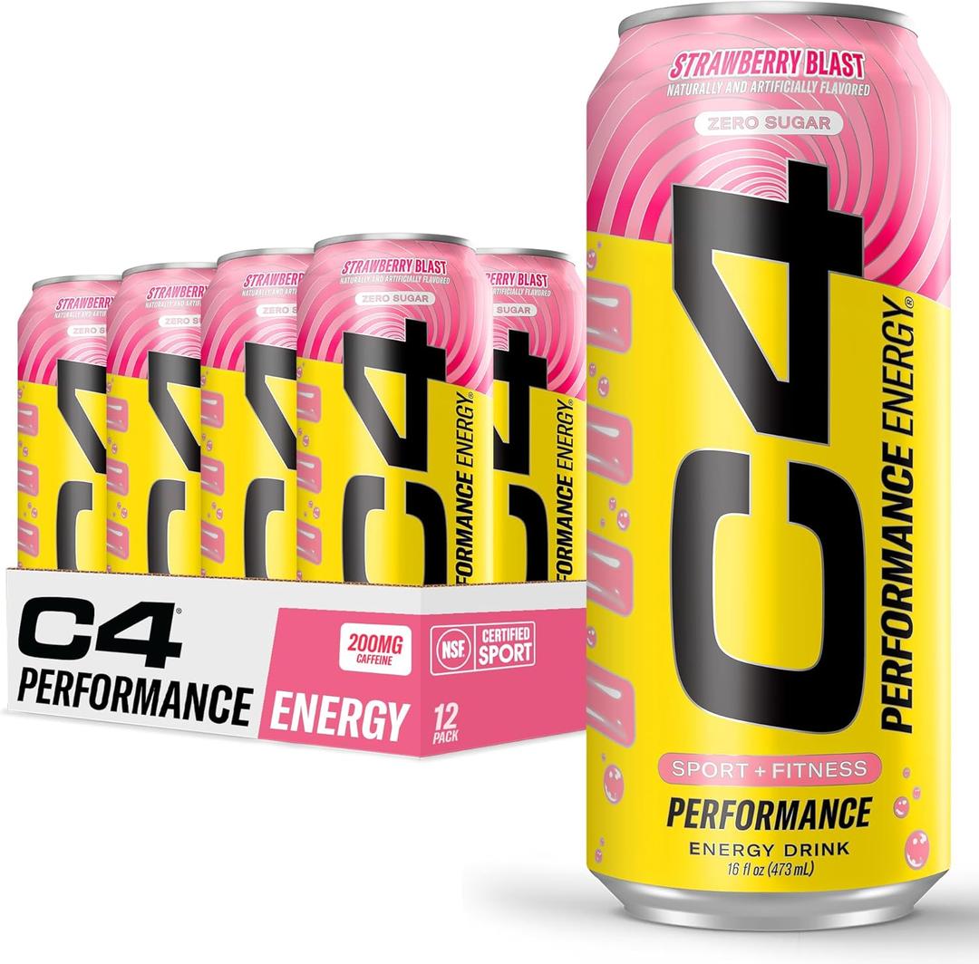 C4 Performance Energy Drink | Strawberry Blast | Zero Sugar Carbonated Preworkout Energy | 200mg Caffeine with Beta Alanine | 16 Fl Oz (12 Pack) (EXP 03/15/26)