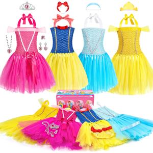 BIBUTY Princess Dress Up Clothes for Little Girls 3-6, Pretend Play Princess Costume Set with Princess Dresses Crown