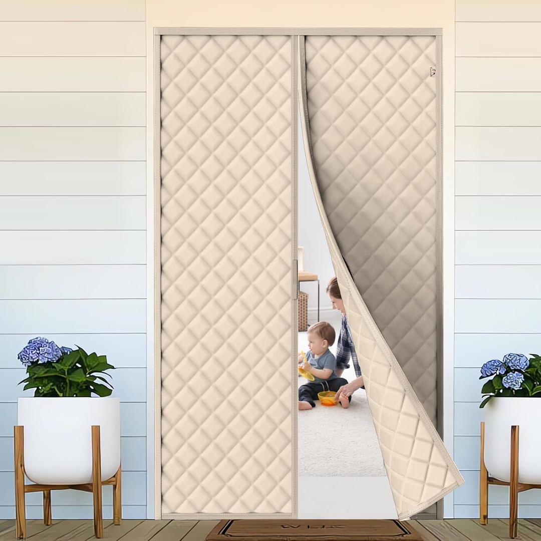 Yotache Magnetic Thermal Insulated Door Curtain Fits 60x80 inch Doors, Curtain Size 62" x 82" Weatherproof Oxford & Cotton Fill Door Covers to Keep Warm in Winter, Beige