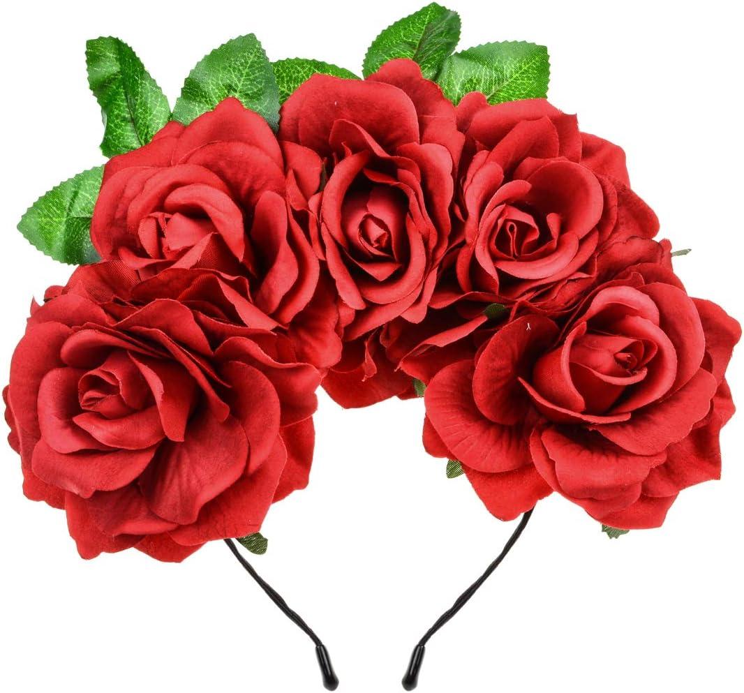 June Bloomy Day of the Dead Headpiece Halloween Costume Headpiece Mexican Floral Crown Rose Headband (Leaf Red)