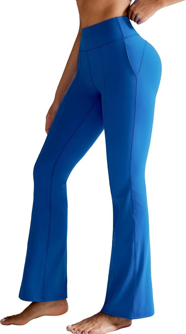 RUNNING GIRL Flare Pants with Pockets, High Waist Yoga Pants Buttery Soft Bootcut Wide Leg Leggings for Women (Medium, Blue)