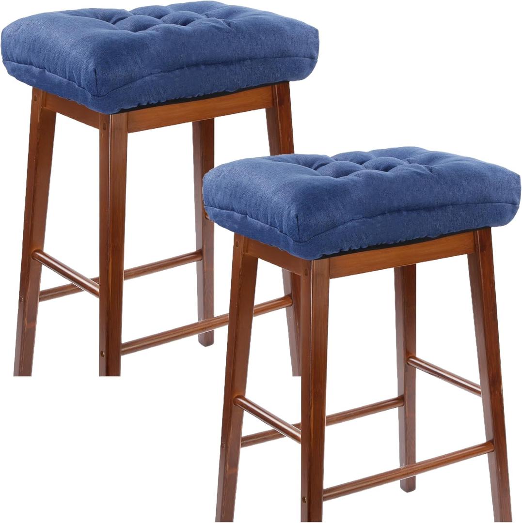 Rectangular Stool Cushion Set of 2, Soft Saddle Stool Cushions with Ties, Nonslip and Washable, Dark Blue, 18 x 10.5 x 4 Inch